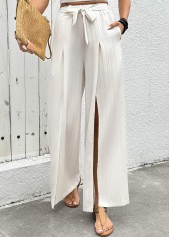 Raw white bottoms,Plain Color bottoms,Flowy Raw White Wide Leg Elastic Waist Pants
