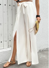 Raw white bottoms,Plain Color bottoms,Flowy Raw White Wide Leg Elastic Waist Pants