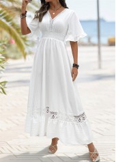 White dresses,Plain Color dresses,Everyday dresses,Casual dresses,ROTITA White Smocked Maxi V Neck Half Sleeve Dress