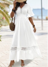 White dresses,Plain Color dresses,Everyday dresses,Casual dresses,ROTITA White Smocked Maxi V Neck Half Sleeve Dress