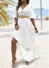 White dresses,Plain Color dresses,Everyday dresses,Casual dresses,ROTITA White Smocked Maxi V Neck Half Sleeve Dress