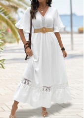 White dresses,Plain Color dresses,Everyday dresses,Casual dresses,ROTITA White Smocked Maxi V Neck Half Sleeve Dress