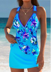 Sky Blue swimwear,Floral swimwear,Plants swimwear,ROTITA Lace Up Sky Blue Floral Print Tankini Set