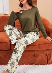 Olive Green loungewear,Plants loungewear,Tropical Plants Print Olive Green Lounge Top and Pants