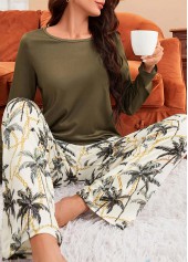 Olive Green loungewear,Plants loungewear,Tropical Plants Print Olive Green Lounge Top and Pants
