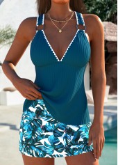 ROTITA Lace Up Peacock Blue Plants Print Tankini Set