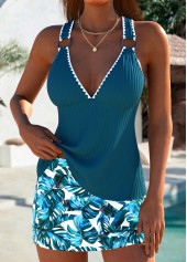 Peacock Blue swimwear,Plants swimwear,ROTITA Lace Up Peacock Blue Plants Print Tankini Set