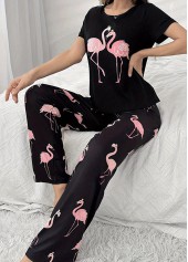 Black loungewear,Other loungewear,Black Round Neck Short Sleeve Lounge Top and Pants