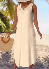 Beige dresses,Plain Color dresses,Vacation dresses,Vacation dresses,ROTITA Tummy Coverage Beige V Neck Sleeveless Dress