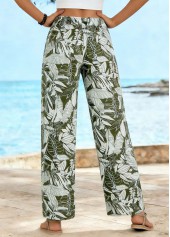 Olive Green bottoms,Plants bottoms,ROTITA Soft Leaf Print Olive Green Straight Leg Pants
