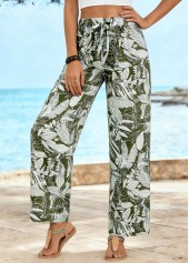 Olive Green bottoms,Plants bottoms,ROTITA Soft Leaf Print Olive Green Straight Leg Pants