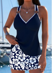 Navy swimwear,Plants swimwear,ROTITA Lace Up Navy Tropical Plants Print Tankini Set