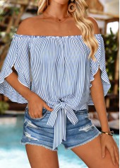 ROTITA Tie Striped Blue Off Shoulder Half Sleeve Blouse