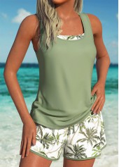 Sage Green swimwear,Plants swimwear,ROTITA Three-piece Sage Green Tropical Plants Print Tankini Set