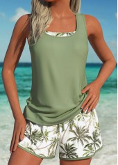 Sage Green swimwear,Plants swimwear,ROTITA Three-piece Sage Green Tropical Plants Print Tankini Set