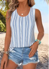 Light Blue tops,Geometric tops,ROTITA Geometric Print Light Blue Round Neck Sleeveless Tank Top