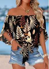 ROTITA Tie Plants Print Multi Color Off Shoulder Blouse