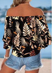 Multi Color tops,Plants tops,ROTITA Tie Plants Print Multi Color Off Shoulder Blouse