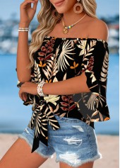Multi Color tops,Plants tops,ROTITA Tie Plants Print Multi Color Off Shoulder Blouse
