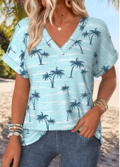 ROTITA Tropical Plants Print Blue V Neck T Shirt