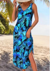 Blue dresses,Plants dresses,Vacation dresses,Vacation dresses,ROTITA Tummy Coverage Leaf Print Blue A Line Sleeveless Dress