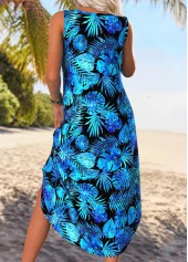 Blue dresses,Plants dresses,Vacation dresses,Vacation dresses,ROTITA Tummy Coverage Leaf Print Blue A Line Sleeveless Dress