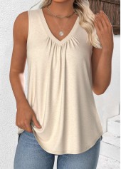Beige tops,Plain Color tops,ROTITA Beige V Neck Sleeveless Tank Top