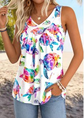 White tops,Animal Print tops,ROTITA Tummy Coverage Marine Life Print White Sleeveless Tank Top
