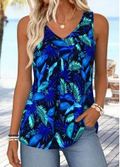Dark Blue tops,Plants tops,ROTITA Tummy Coverage Leaf Print Dark Blue Sleeveless Tank Top