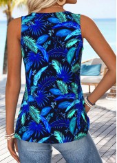 Dark Blue tops,Plants tops,ROTITA Tummy Coverage Leaf Print Dark Blue Sleeveless Tank Top