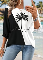 ROTITA Tummy Coverage Tropical Plants Print Black Round Neck Blouse