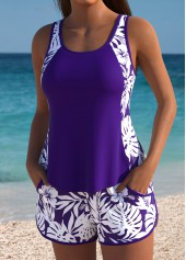 Dark Purple swimwear,Floral swimwear,Plants swimwear,ROTITA Dark Purple Floral Print Mid Waisted Tankini Set