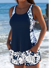 Navy swimwear,Floral swimwear,Plants swimwear,ROTITA Navy Floral Print Mid Waisted Tankini Set