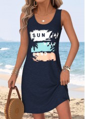 ROTITA Tummy Coverage Tropical Plants Print Navy Short Sleeveless Dress