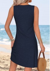 Navy dresses,Plants dresses,Vacation dresses,Vacation dresses,ROTITA Tummy Coverage Tropical Plants Print Navy Short Sleeveless Dress