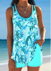Light Blue swimwear,Animal Print swimwear,Plants swimwear,ROTITA Curved Hem Light Blue Ocean Print Tankini Set
