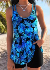 ROTITA Tummy Coverage Blue Tropical Plants Print Tankini Set