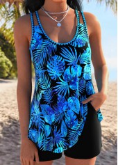Blue swimwear,Plants swimwear,ROTITA Tummy Coverage Blue Tropical Plants Print Tankini Set