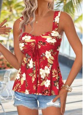 Red tops,Floral tops,Plants tops,ROTITA Peplum Floral Print Red Heart Collar Sleeveless Tank Top
