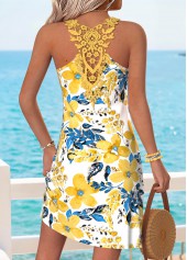 ROTITA Yellow Floral Print Tummy Coverage Short Round Neck Dress