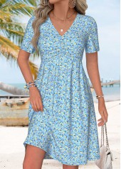 ROTITA Tummy Coverage Ditsy Floral Print Blue Short Dress
