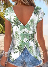 ROTITA Tummy Coverage Tropical Plants Print Light Green T Shirt