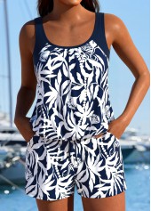Navy swimwear,Plants swimwear,ROTITA Tummy Coverage Navy Tropical Plants Print One Piece Swimwear