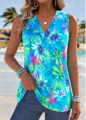 Cyan tops,Animal Print tops,ROTITA Marine Life Print Cyan V Neck Sleeveless Tank Top