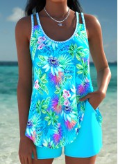 ROTITA Curved Hem Cyan Tropical Plants Print Tankini Set