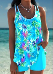 Cyan swimwear,Plants swimwear,ROTITA Curved Hem Cyan Tropical Plants Print Tankini Set