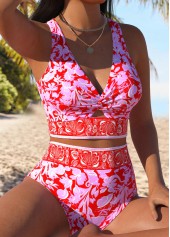 Red swimwear,Floral swimwear,Plants swimwear,ROTITA Push Up/supportive/enhance Bust Red Floral Print Bikini Set