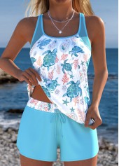 Ensemble tankini Rotita bleu clair à imprimé vie marine couvrant le ventre
