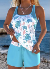 Light Blue swimwear,Animal Print swimwear,ROTITA Tummy Coverage Light Blue Marine Life Print Tankini Set