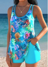 Cyan swimwear,Animal Print swimwear,ROTITA Tummy Coverage Cyan Marine Life Print Tankini Set